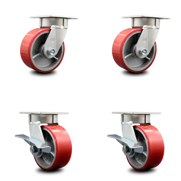 5 Inch Kingpinless Red Poly on Steel Wheel Swivel Caster Set with 2 Brakes SCC